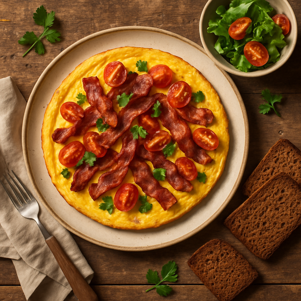 Æggekage med bacon, tomater og rugbrød