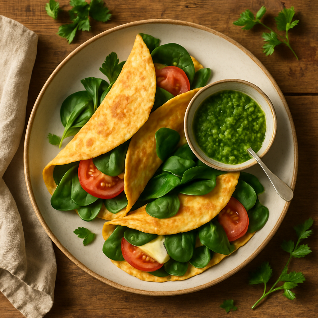 Æggewrap med spinat, tomat og ost samt frisk urtesauce