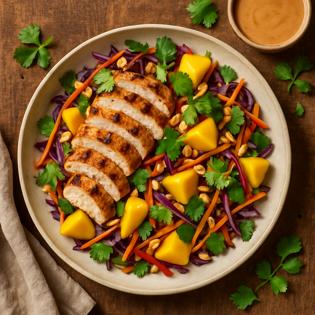Asiatisk Kyllingesalat med Frisk Mango og Jordnøddedressing