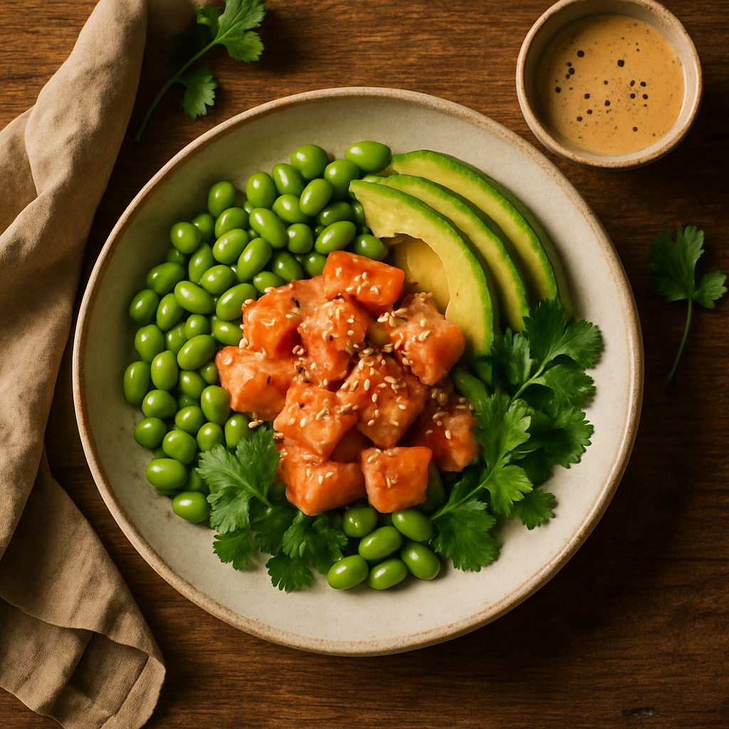 Asiatisk laksebowl med edamame og avocado