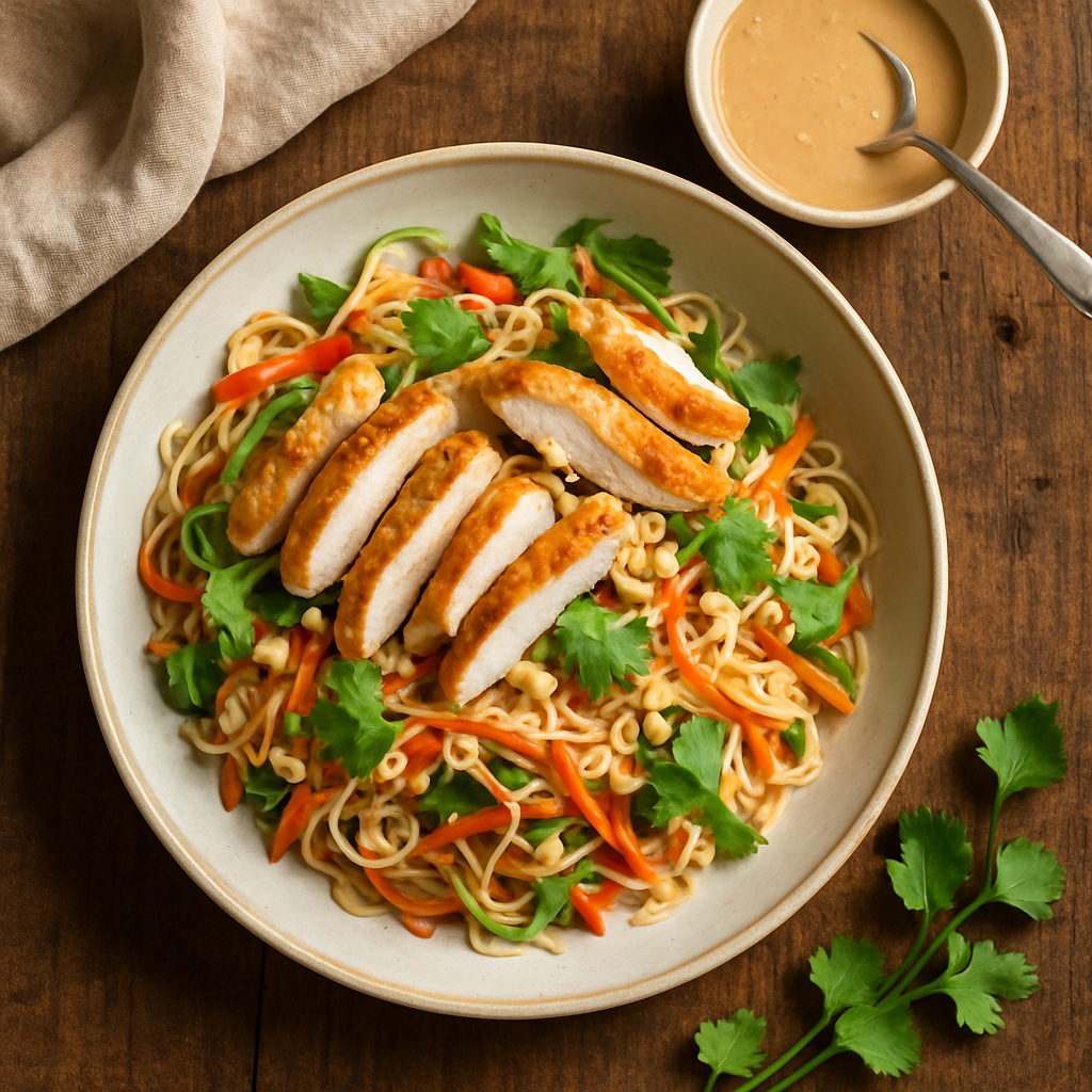 Asiatisk nudelsalat med peanutdressing og kylling