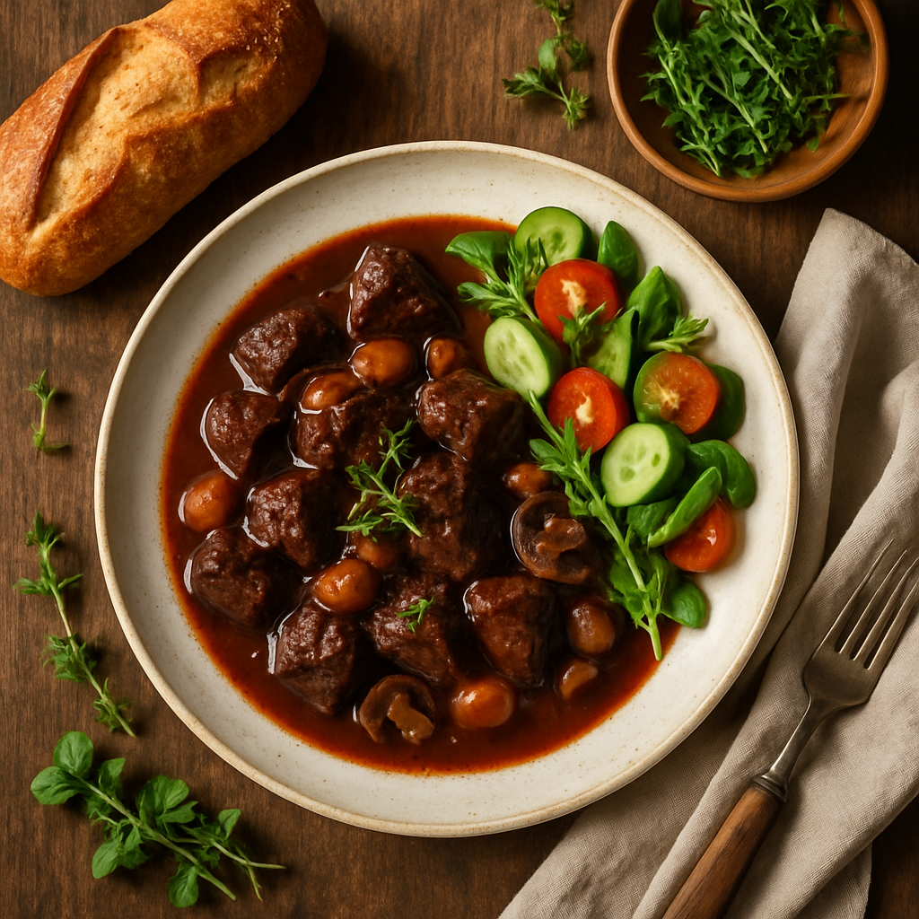Boeuf bourguignon med lækkert brød og friske grøntsager