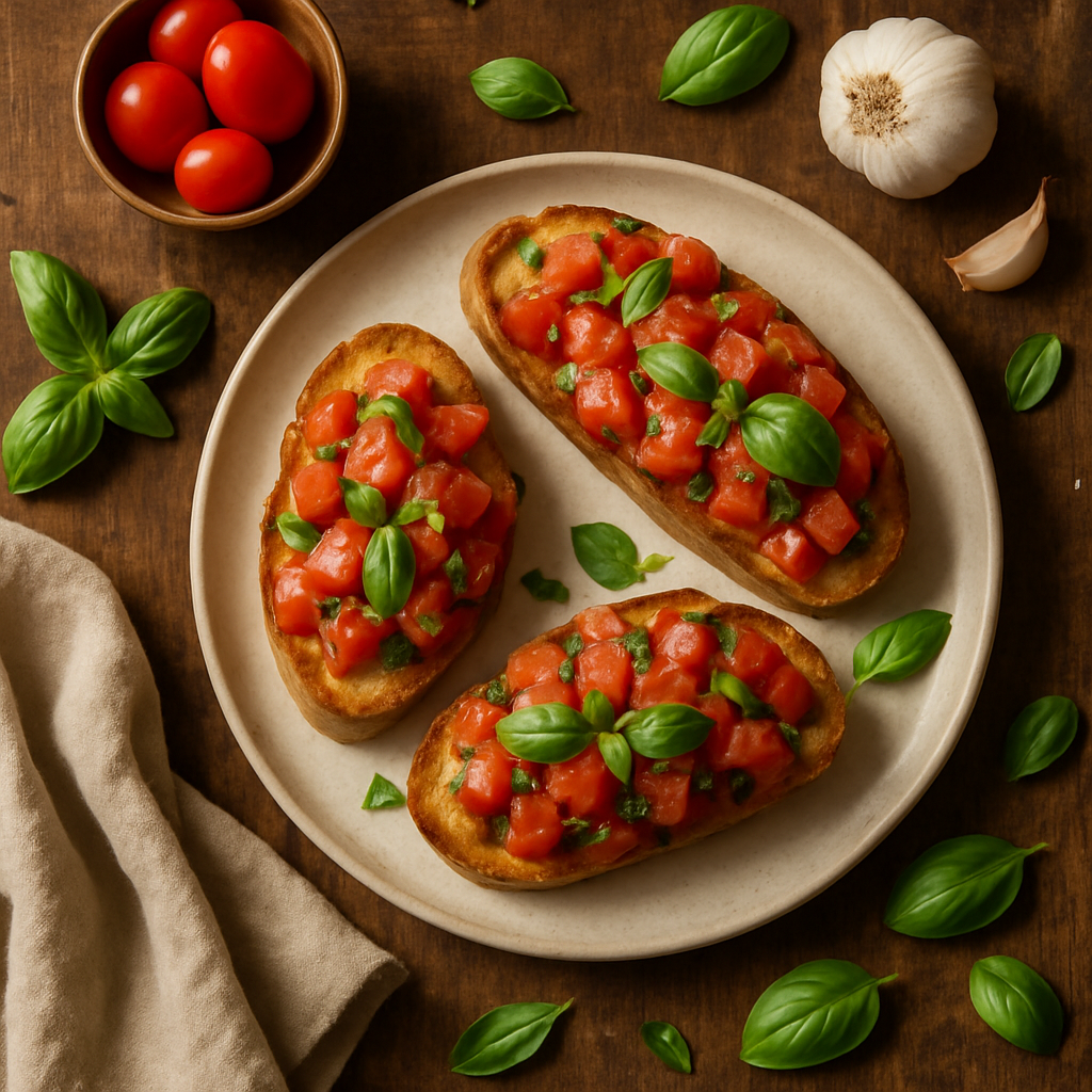 Bruschetta med tomat, hvidløg og basilikum
