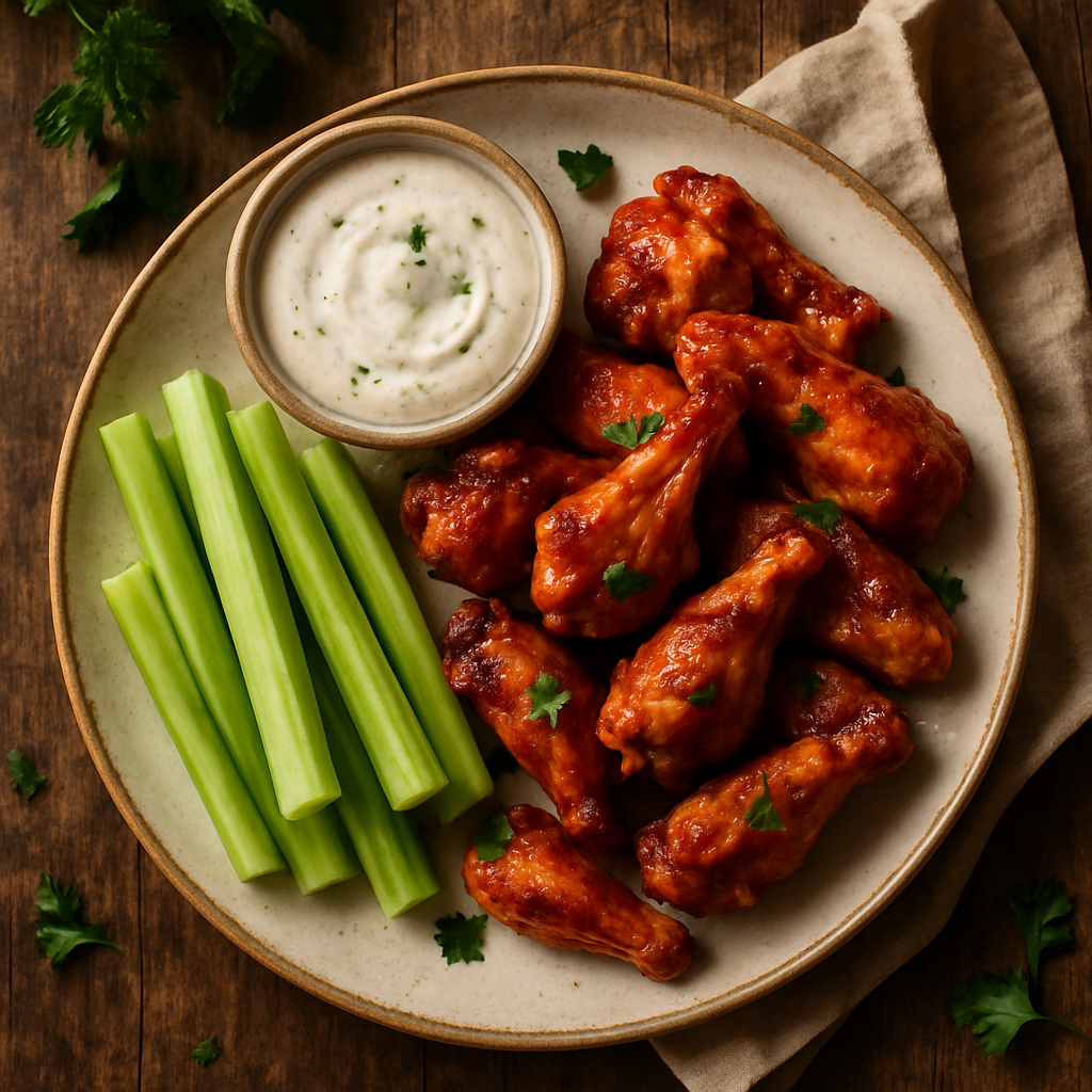 Buffalo chicken wings med ranch dressing og selleristænger