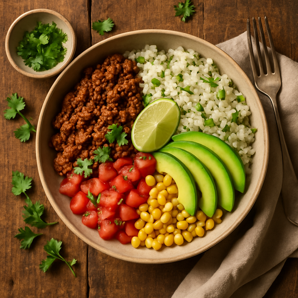 Burrito bowl med krydret oksekød og lime-ris