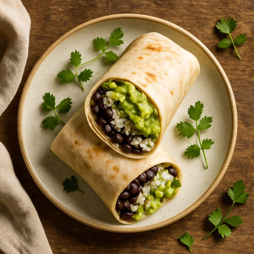 Burrito med sorte bønner, ris og guacamole