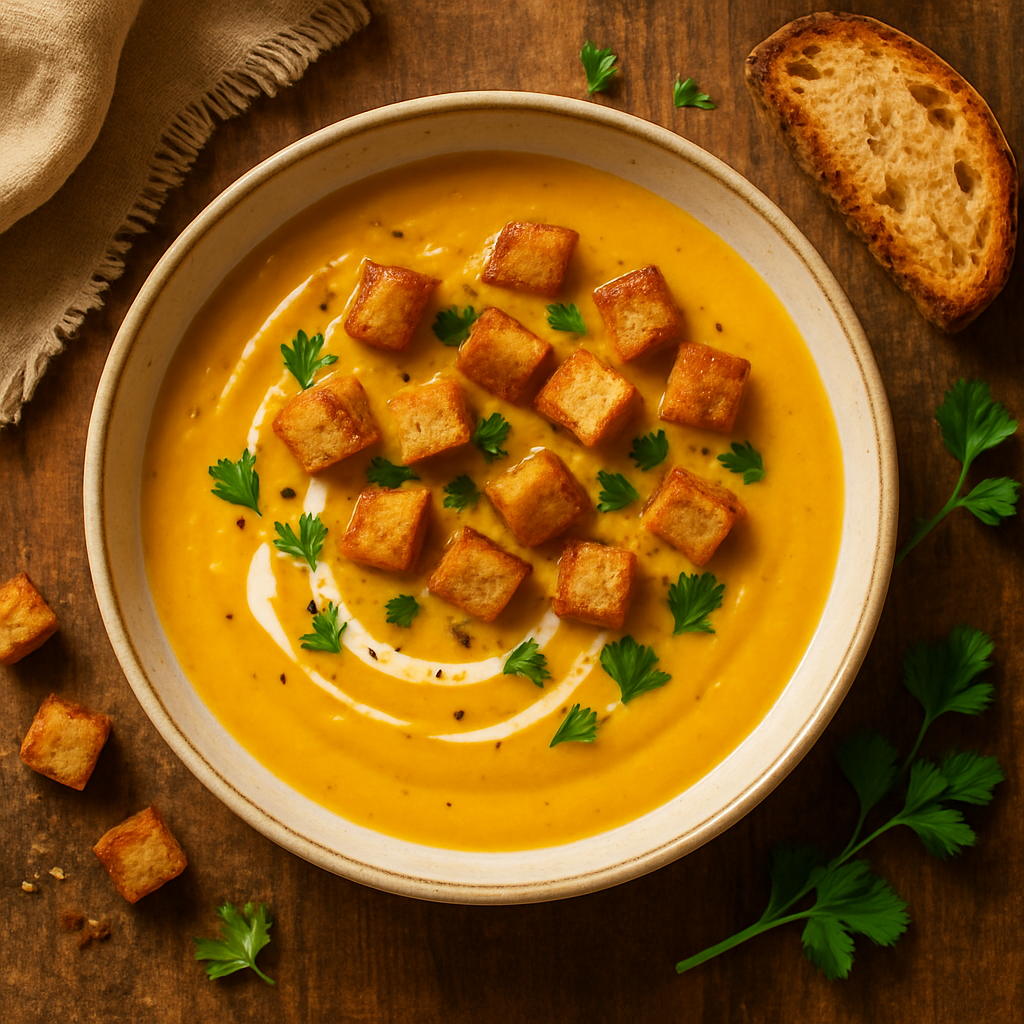 Butternut squash-suppe med brød og croutons