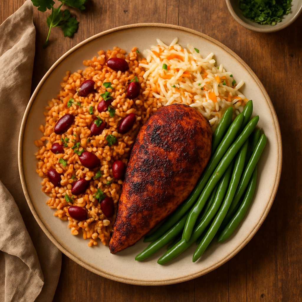 Cajun kylling med krydret ris, bønner og coleslaw