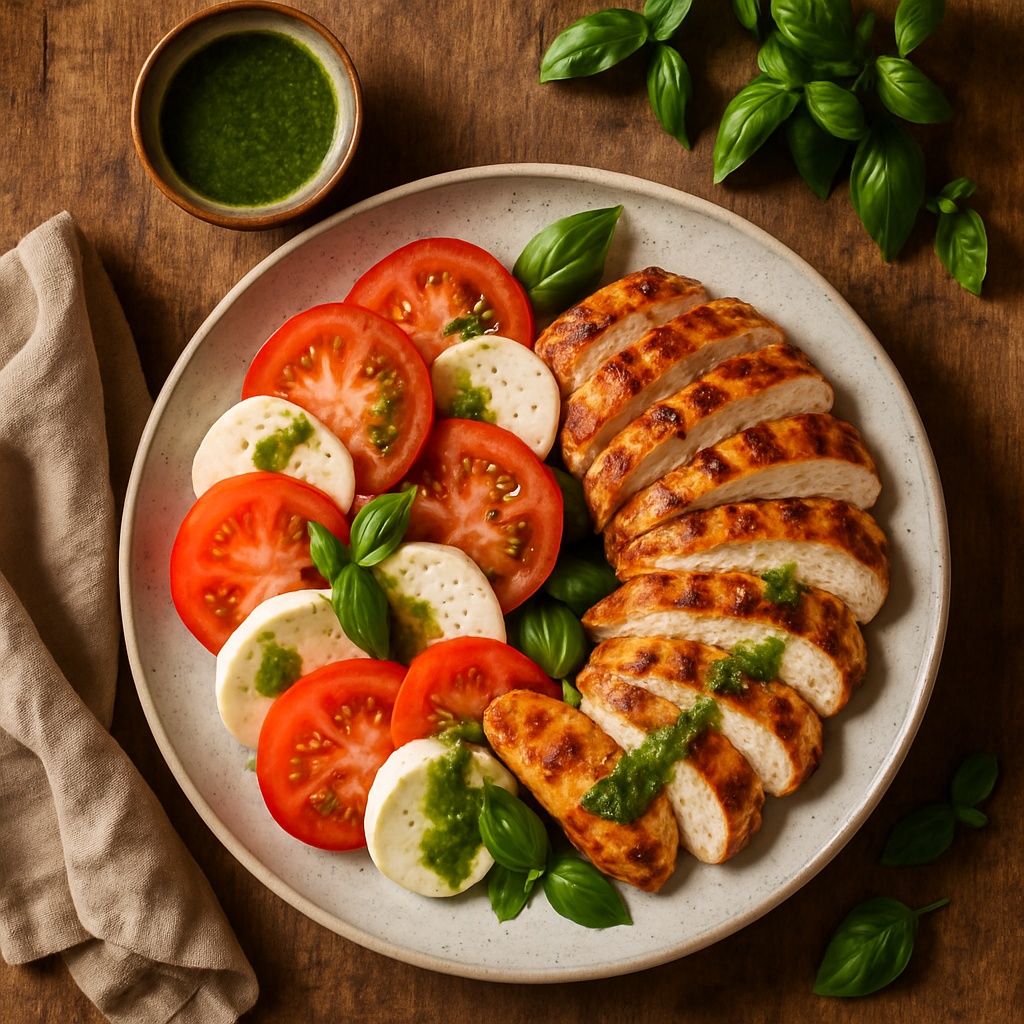 Caprese-salat med grillet kylling og basilikumdressing