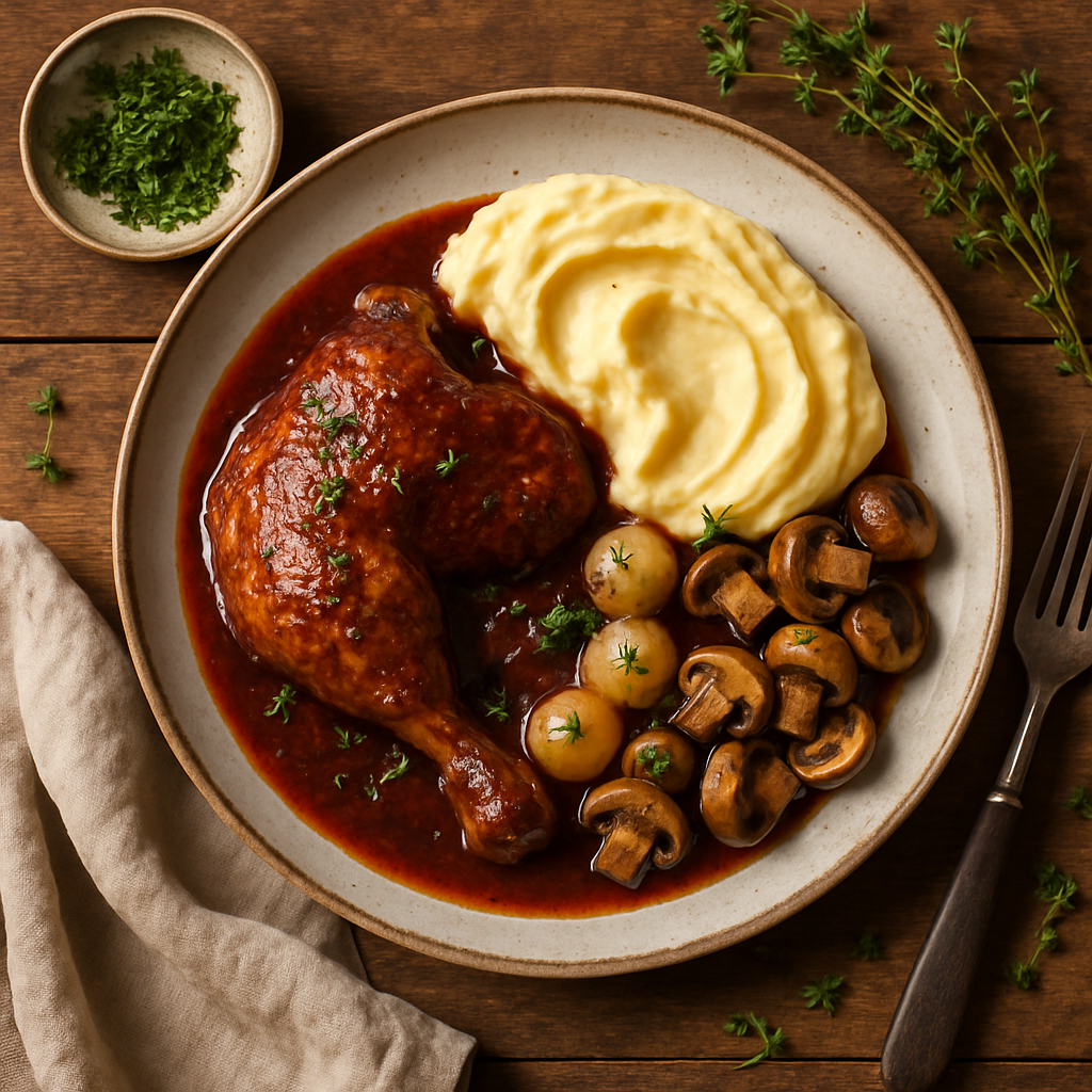 Coq au vin med cremet kartoffelmos, glaserede perlløg og stegte champignon