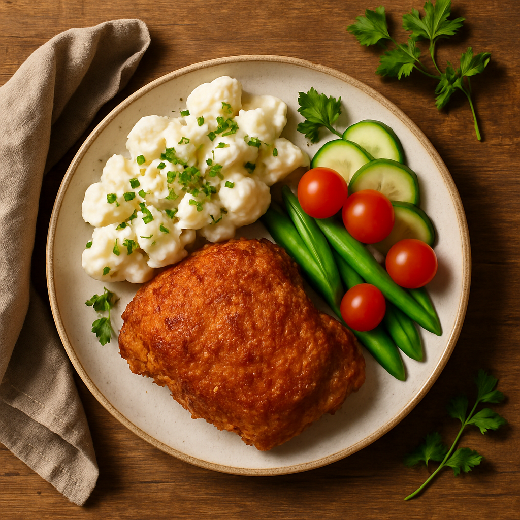 Crispy kylling i airfryer med cremet kartoffelsalat og friske grøntsager