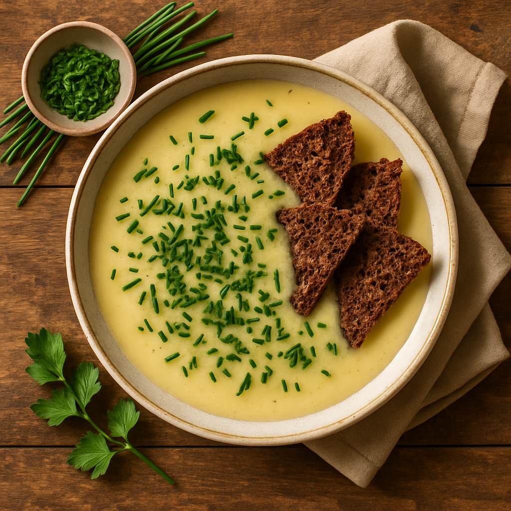 Dansk kartoffelsuppe med purløg og rugbrødschips