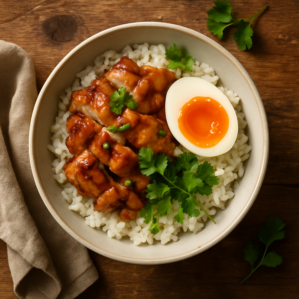 Donburi bowl med kylling, æg og ris