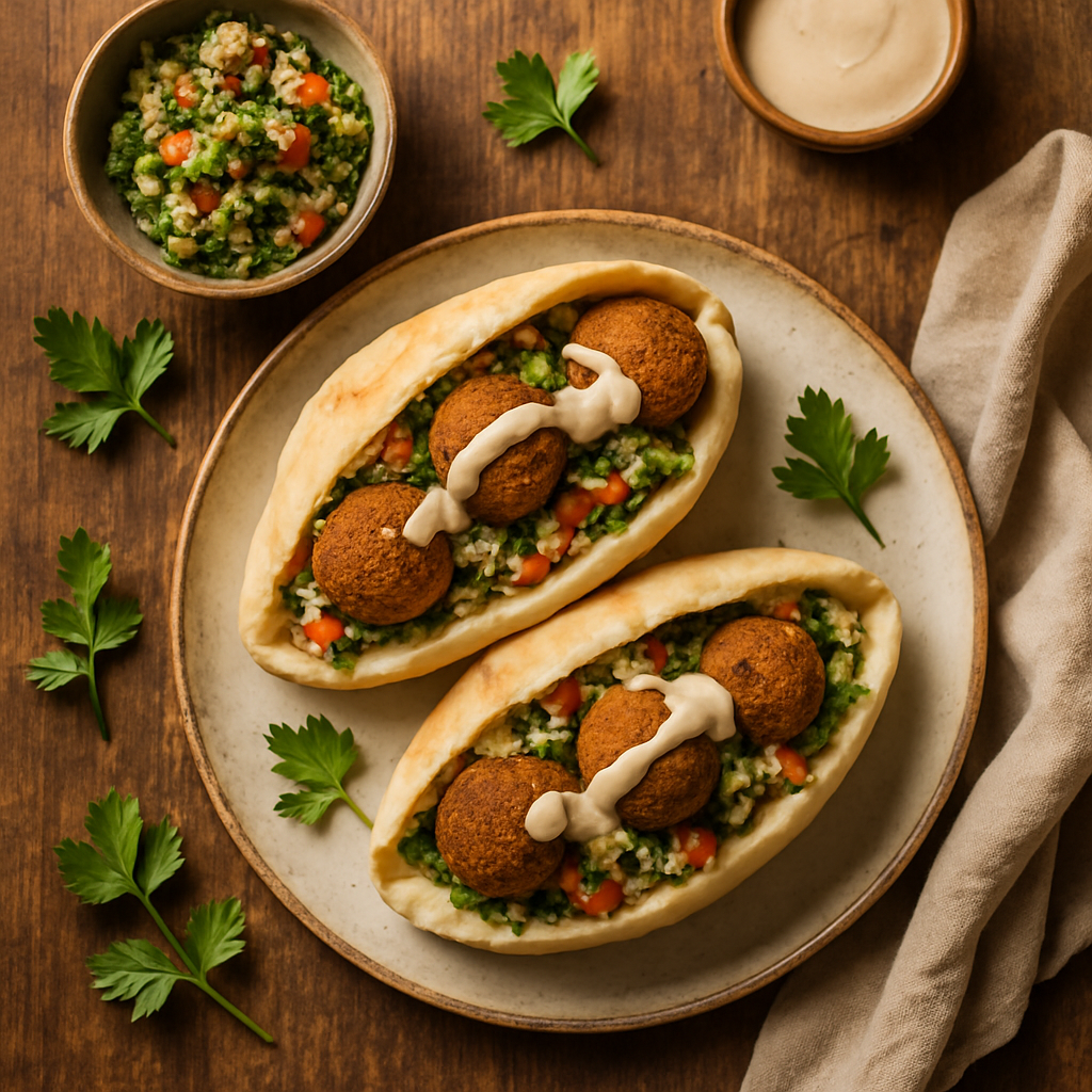Falafel i pitabrød med tahini og tabbouleh