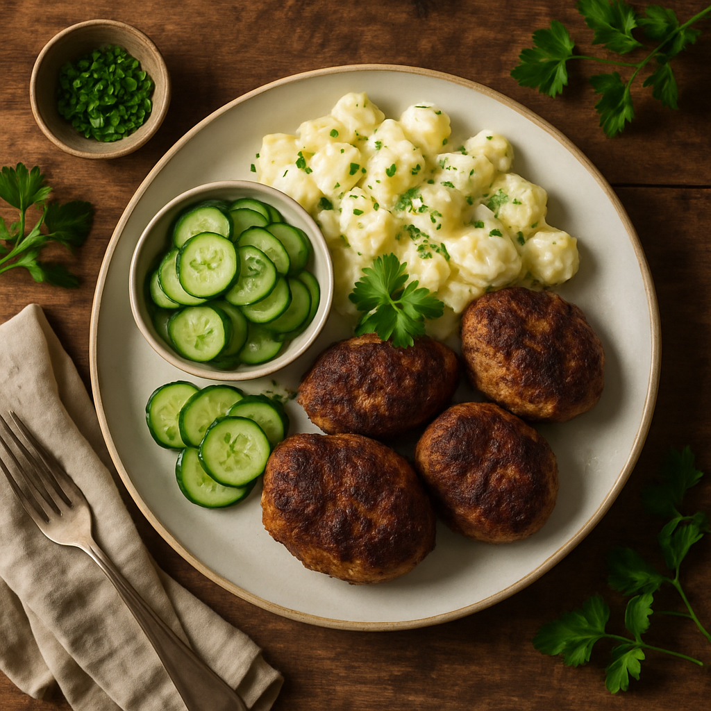 Frikadeller med kartoffelsalat og agurkesalat