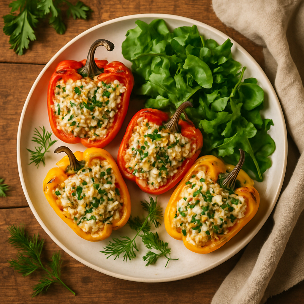 Fyldte peberfrugter med ris, feta og urter