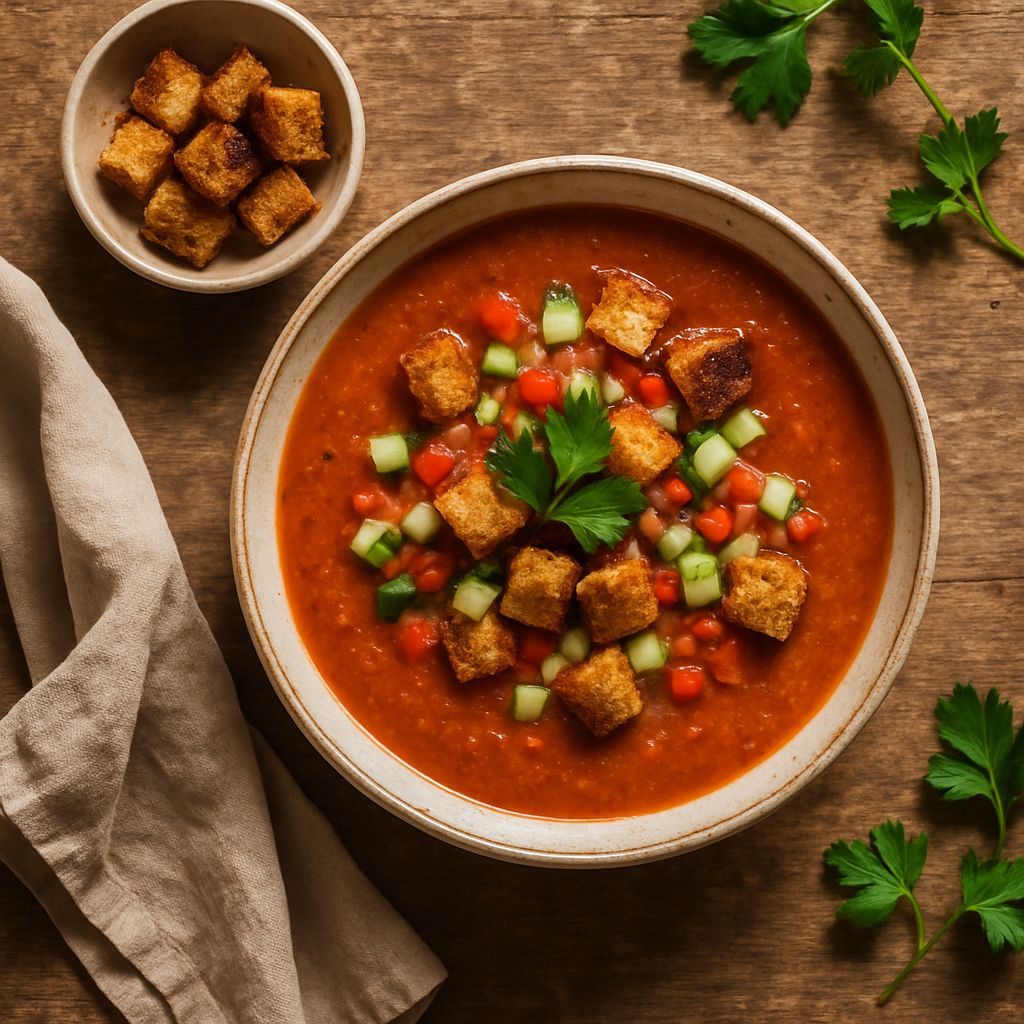 Gazpacho — kold spansk tomatsuppe med sprøde croutons