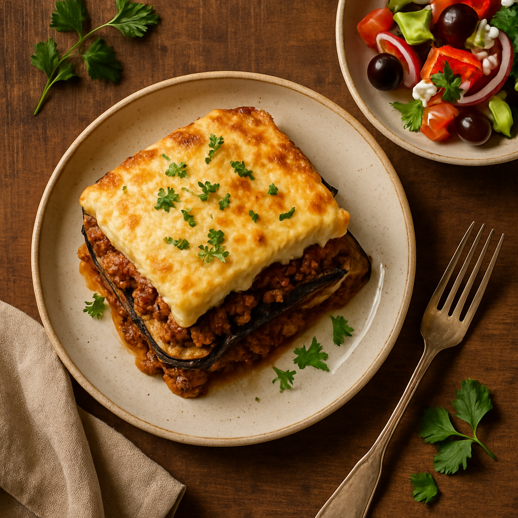 Græsk moussaka med aubergine og bechamel