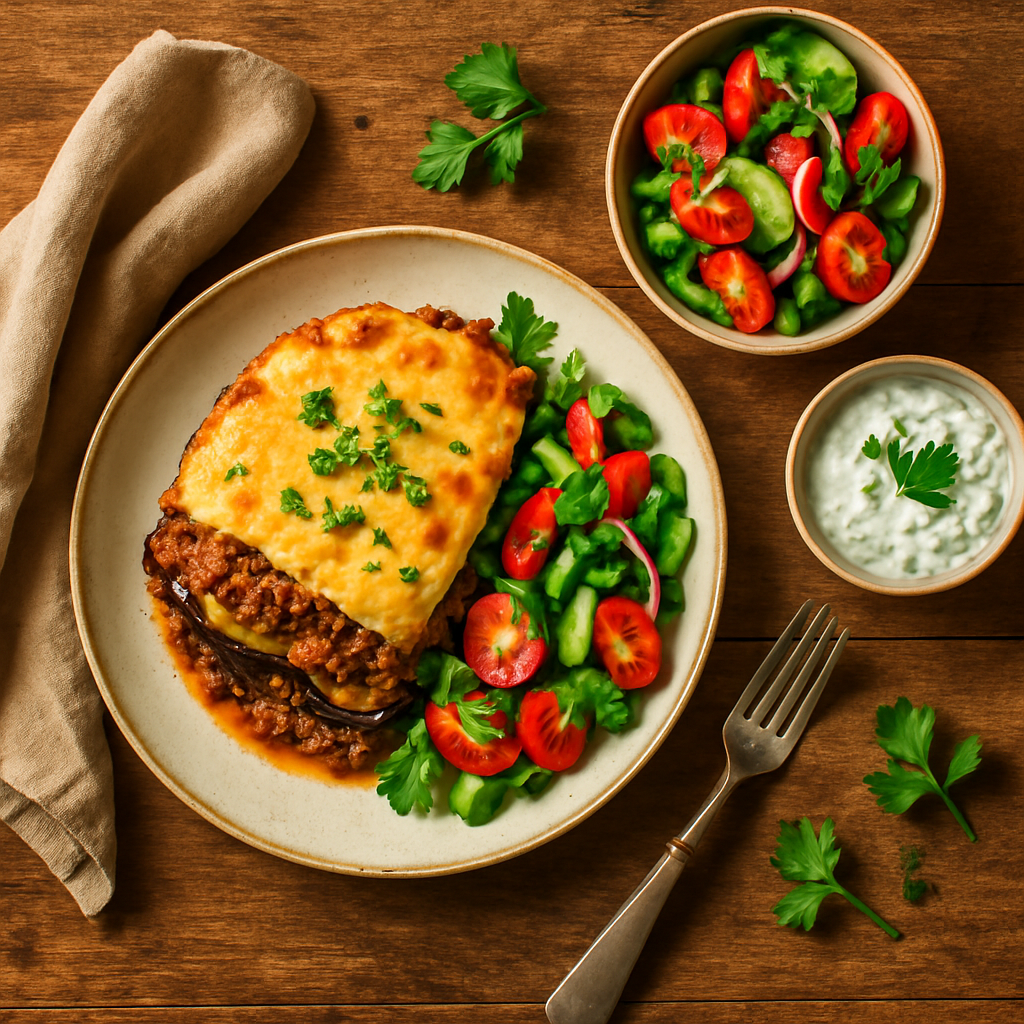 Græsk moussaka med friske salater og tzatziki