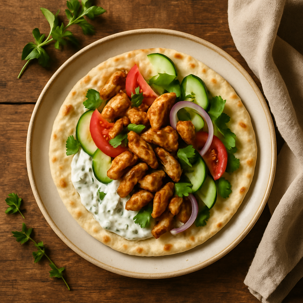 Græsk wrap med gyros, tzatziki og friske grøntsager