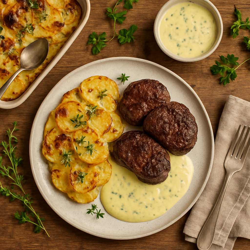 Gratin dauphinois med bøf og bearnaisesauce