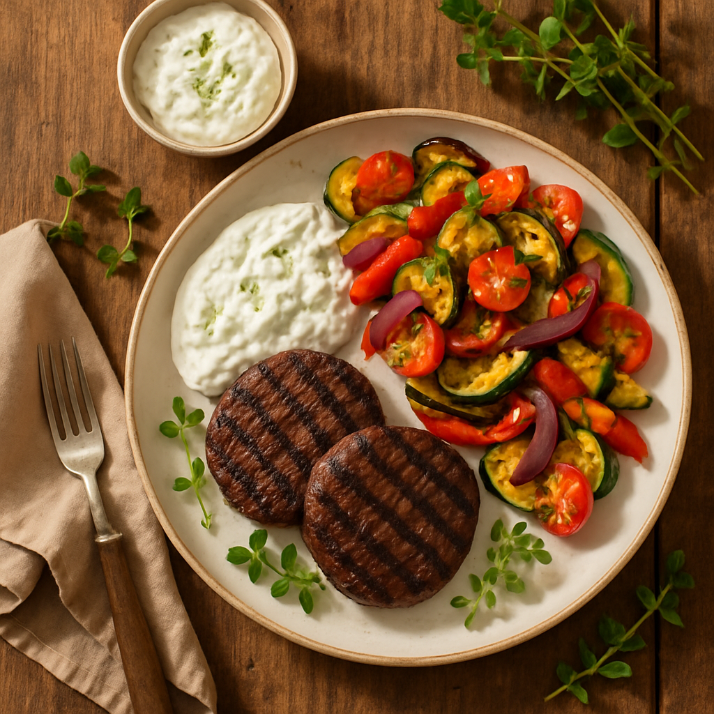 Grillbøffer med tzatziki og grillet grøntsagssalat