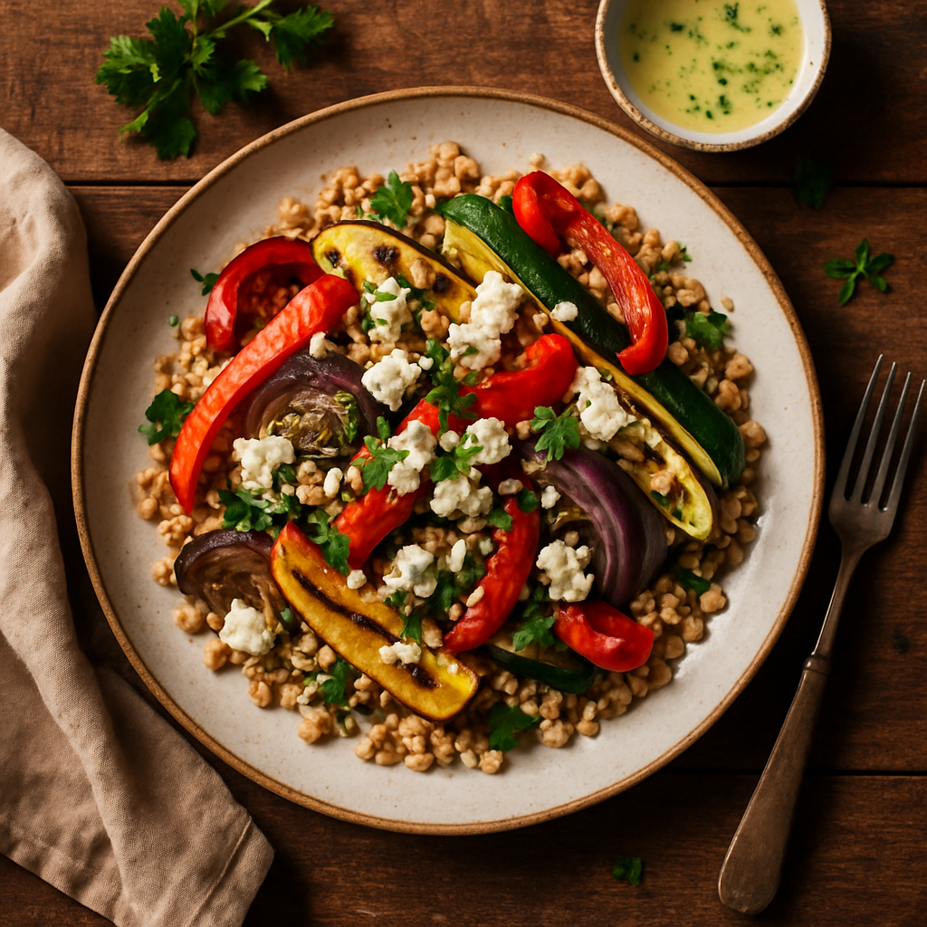 Grillede grøntsager med feta og perlespelt, serveret med en frisk citrondressing