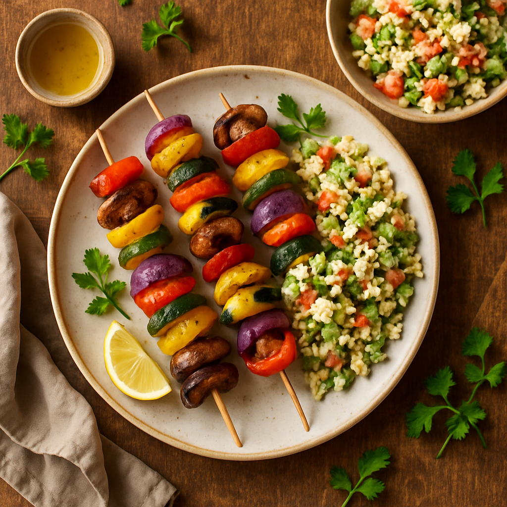 Grillede grøntsags kebab med feta og bulgursalat
