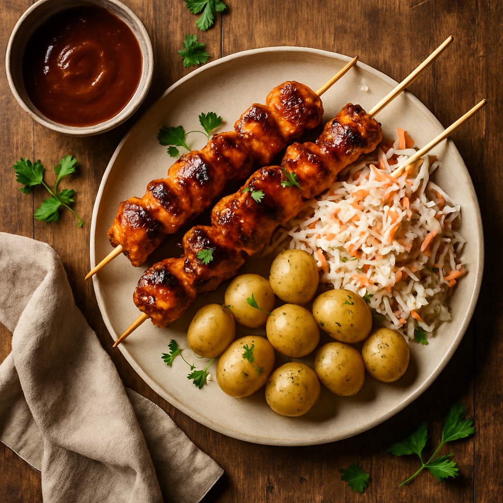 Grillede kyllingespyd med BBQ-sauce og coleslaw