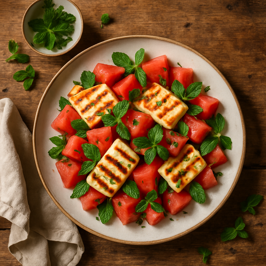 Grillet halloumi-salat med vandmelon og mint