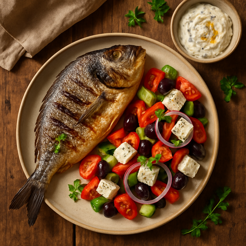 Grillet havbrase med græsk salat og tzatziki