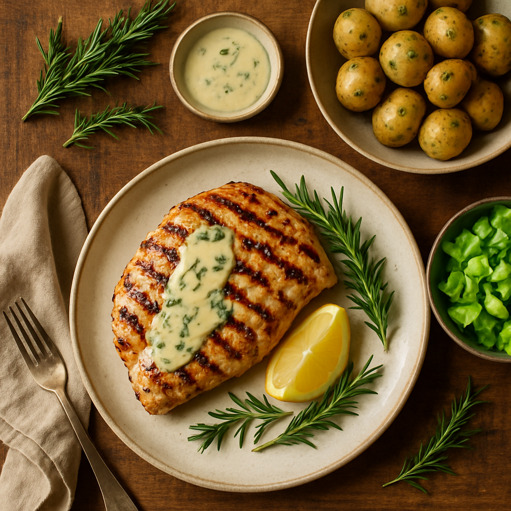 Grillet kylling med citron- og rosmarindressing samt sommerkartofler og grøn salat