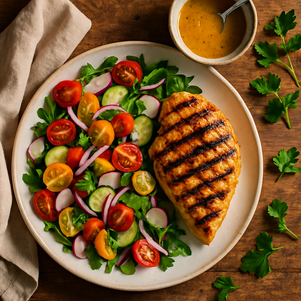 Grillet kylling med sommersalat og honning-sennepsdressing