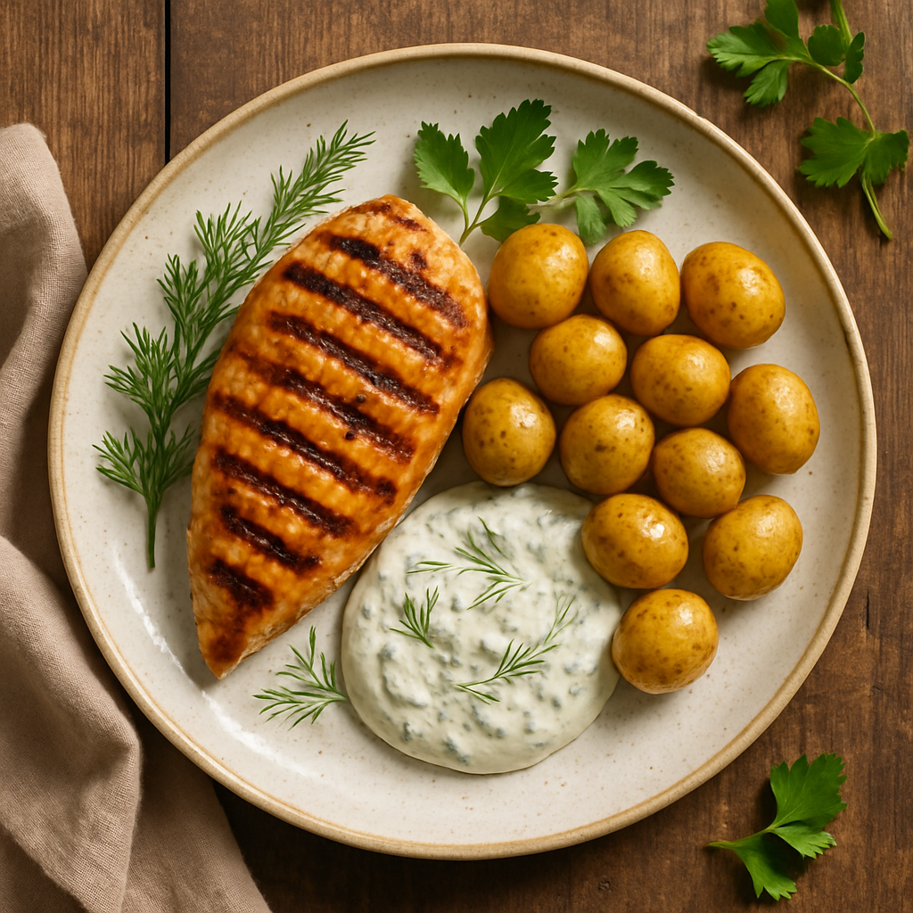 Grillet kyllingebryst med nye kartofler og cremet dilddressing