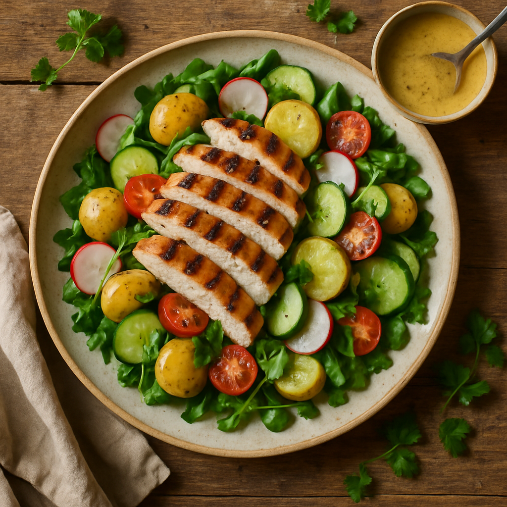 Grillet kyllingesalat med nye kartofler og sennepsdressing