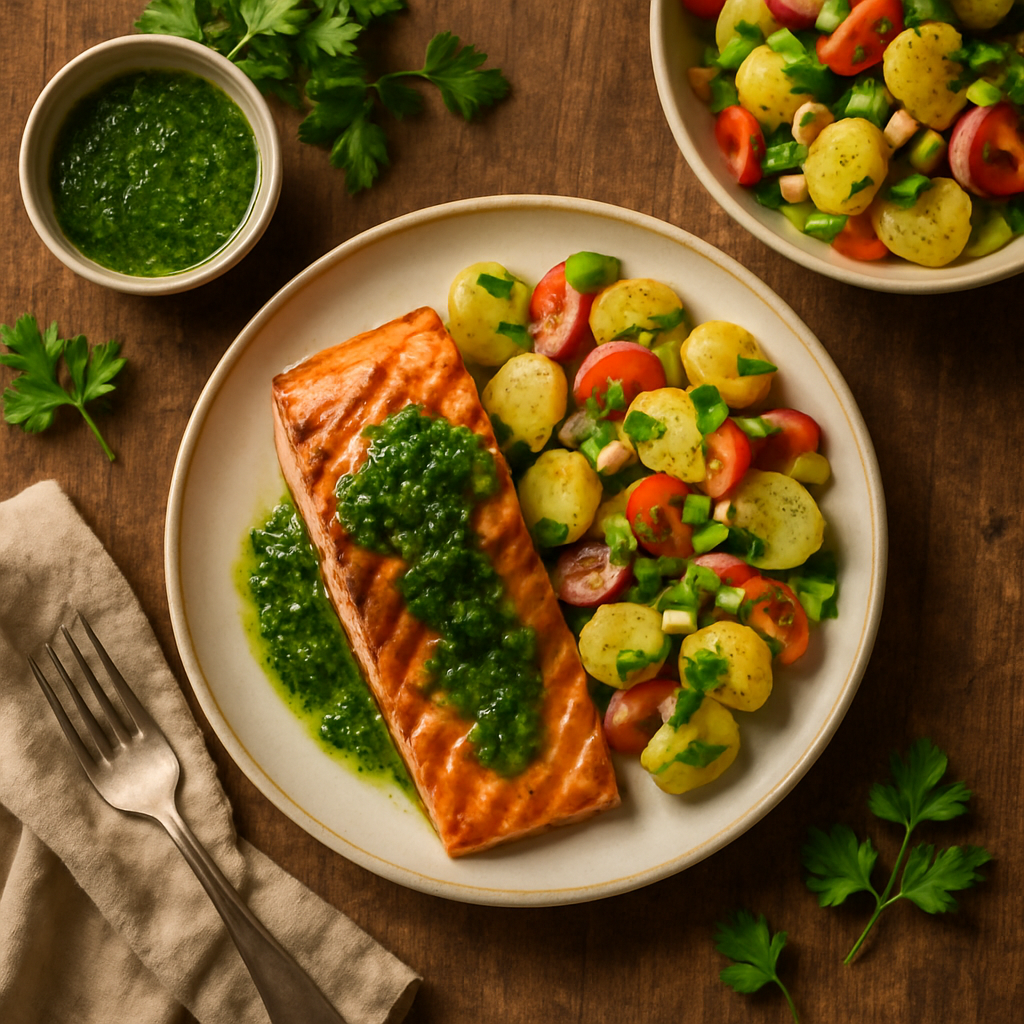 Grillet laks med urtedressing og sommerlig kartoffelsalat