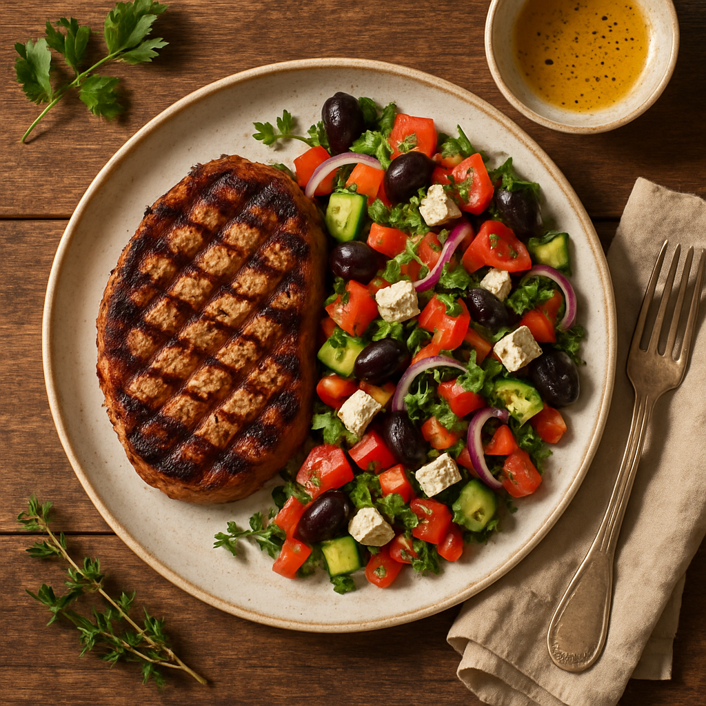 Grillet svinekød med middelhavssalat og citronvinaigrette