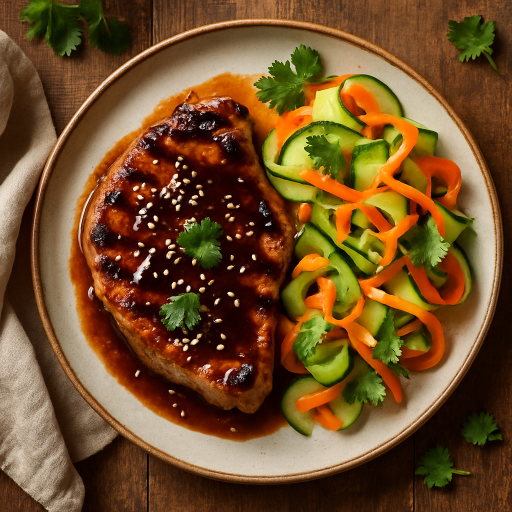 Grillet svinekød med teriyaki-sauce og somrørsalat