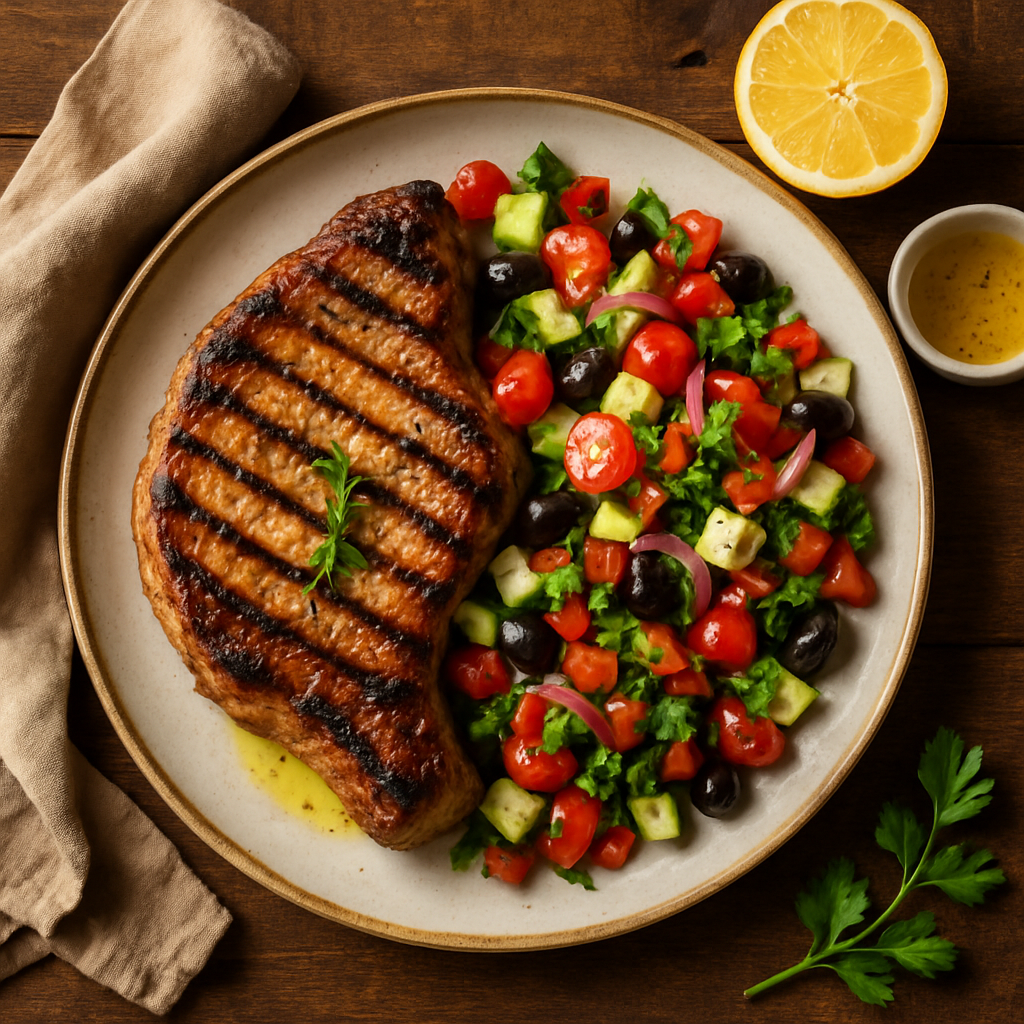 Grillet svinekotelet med middelhavssalat og citron-olivenolie dressing