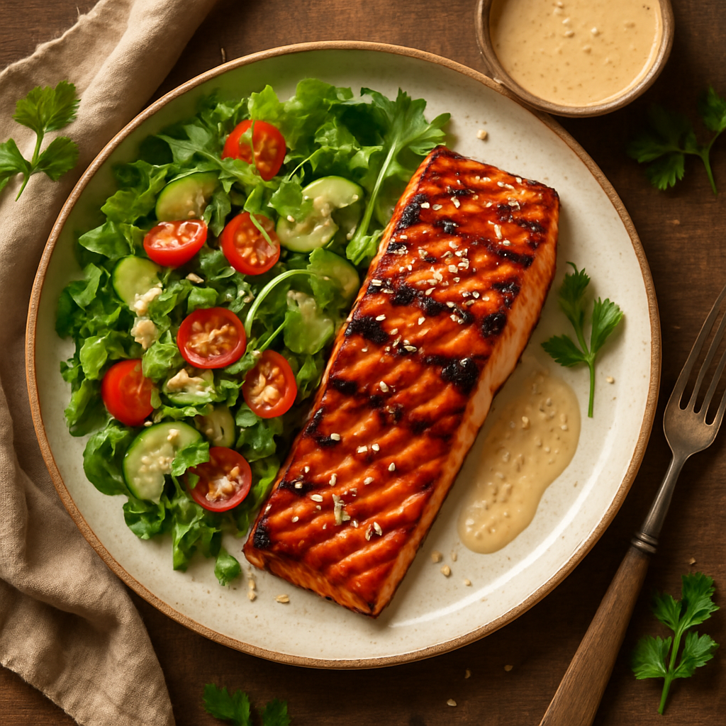 Grillet teriyaki-laks med grøn salat og sesamdressing