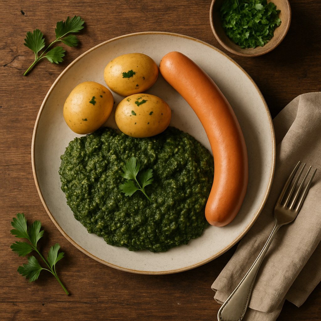 Grønlangkål med kogt pølse og nye kartofler