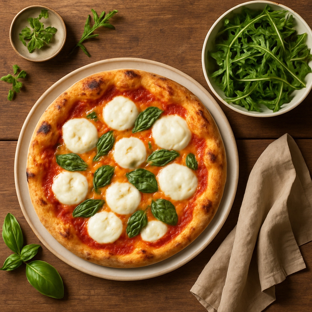 Hjemmelavet pizza margherita med frisk mozzarella og ruccolasalat