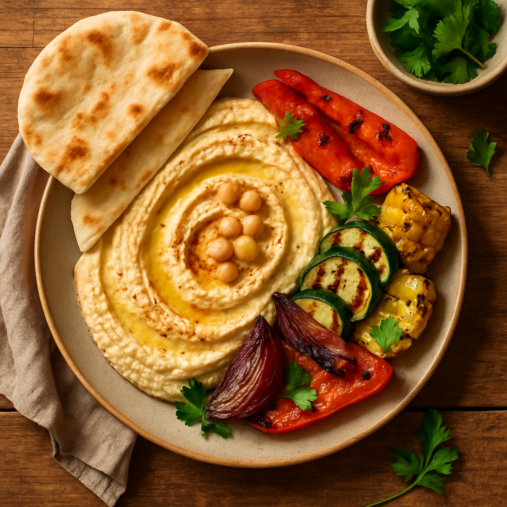 Hummus-tallerken med grillede grøntsager og pitabrød