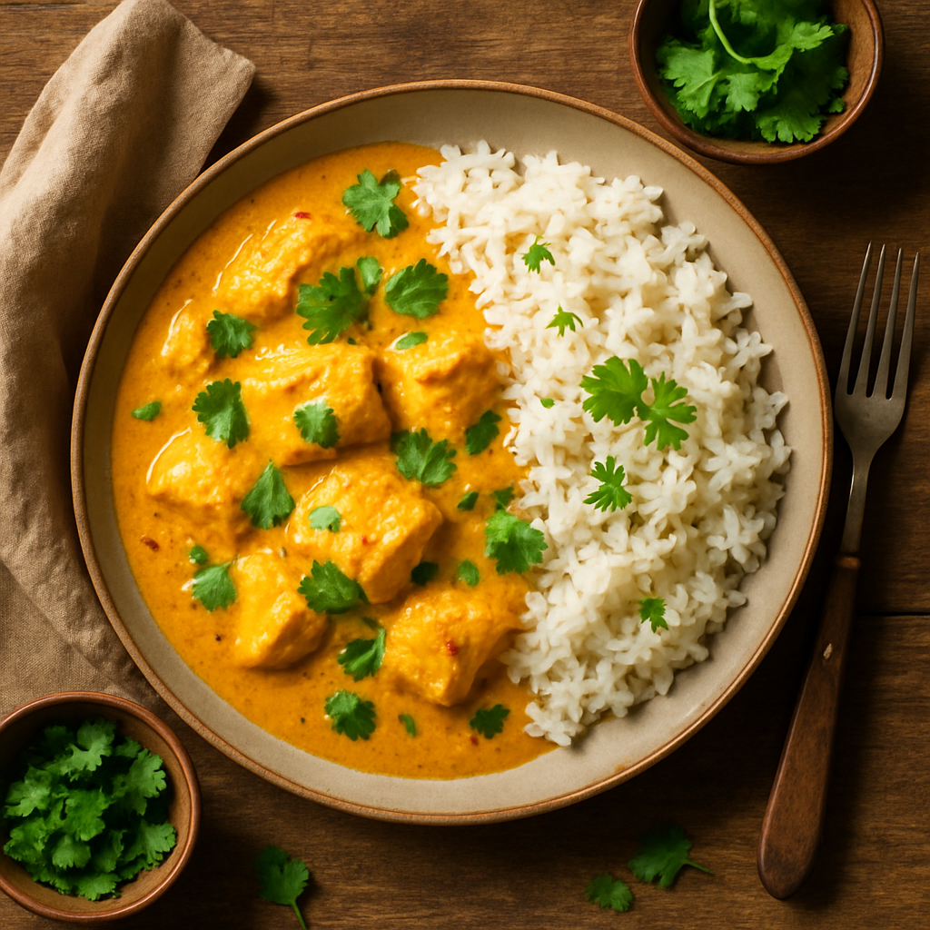 Indisk fiskcurry med kokosmælk og basmatiris