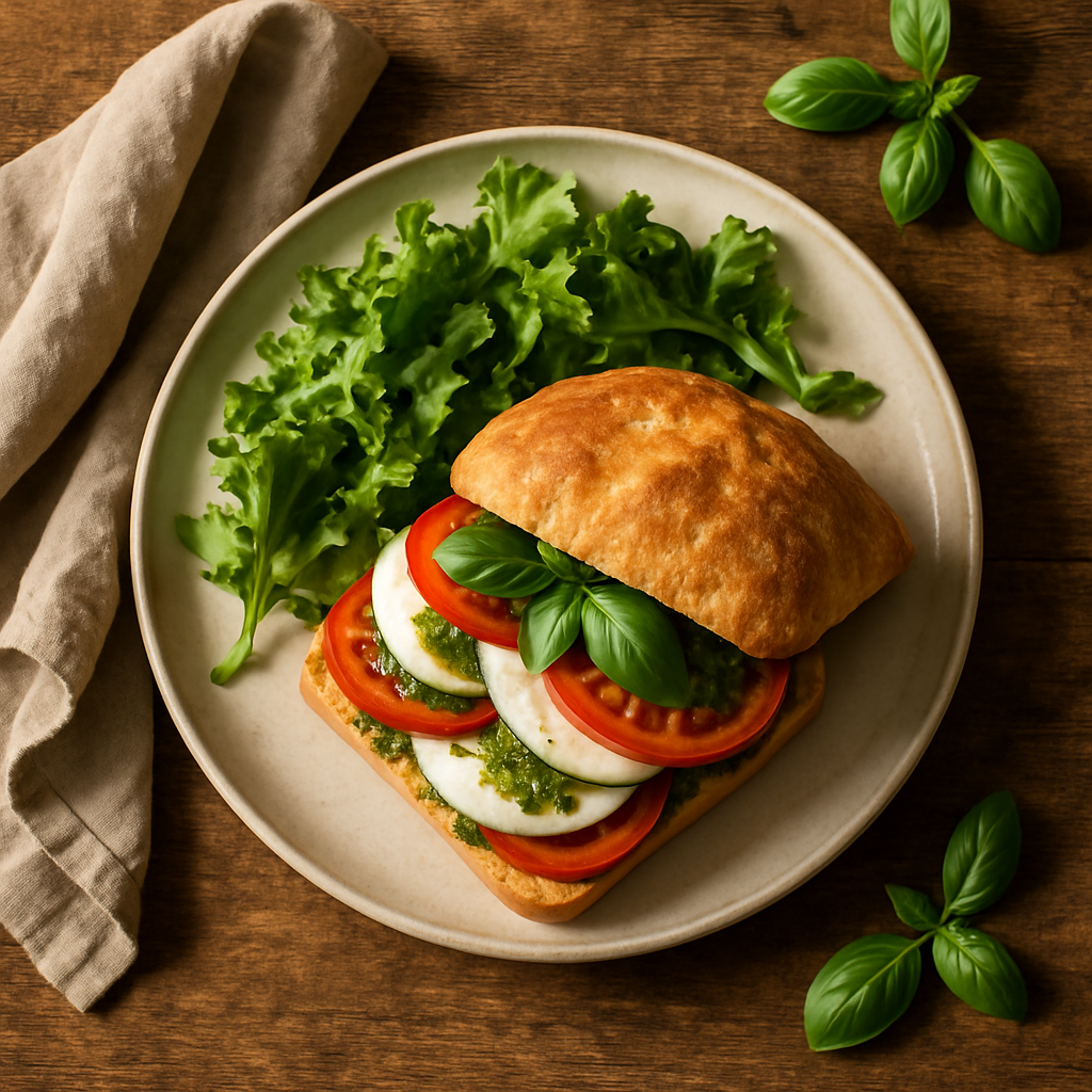 Italiensk caprese-sandwich med mozzarella og pesto