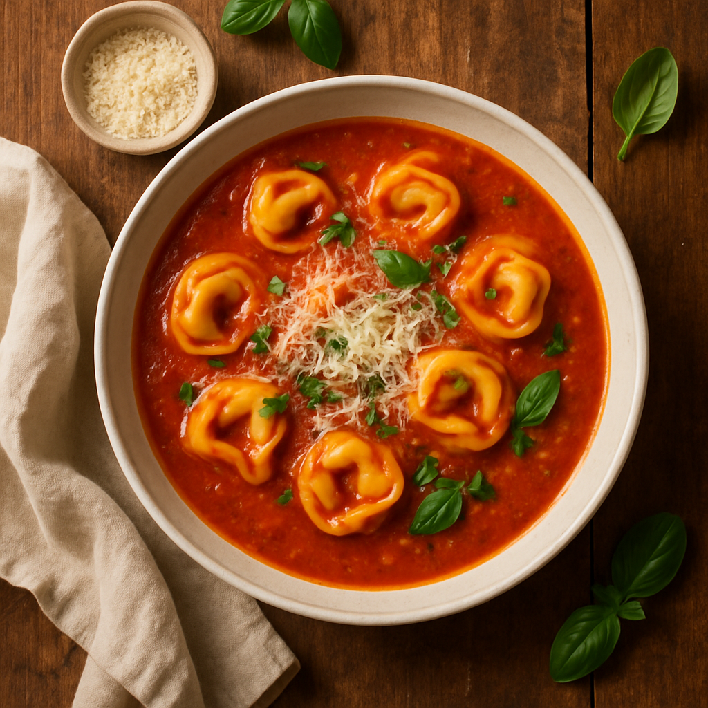 Italiensk tomatsuppe med tortellini og parmesan