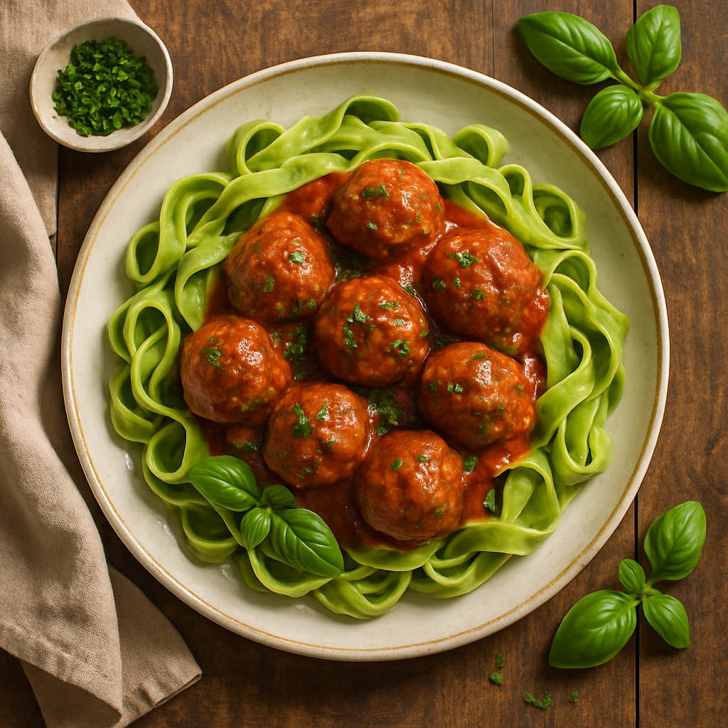Italienske oksekødsboller med tomatsauce og frisk basilikumspasta