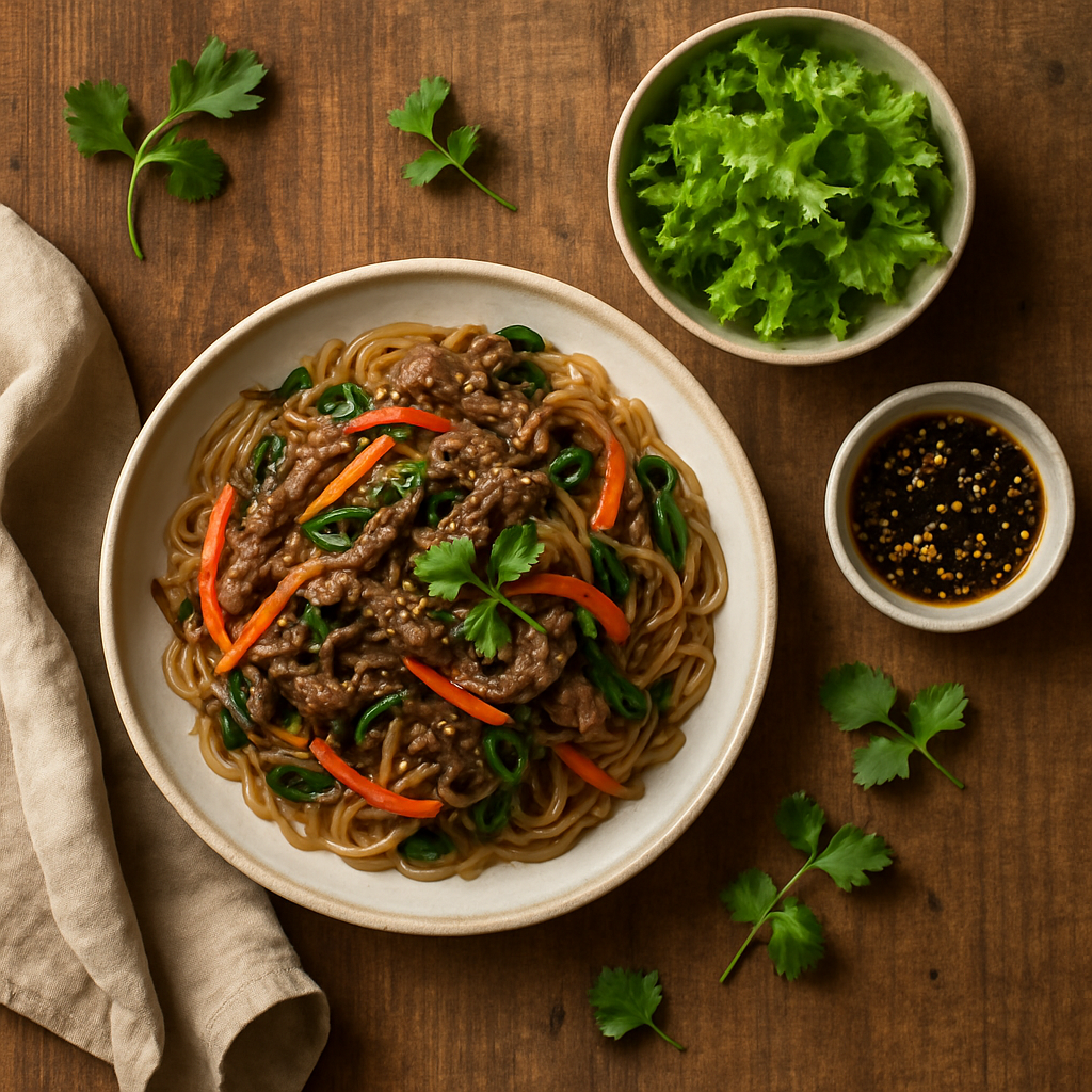 Japchae — koreanske glasnudler med grøntsager og oksekød