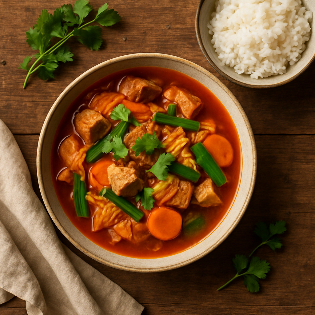 Kimchi jjigae med svinekød og dampet ris