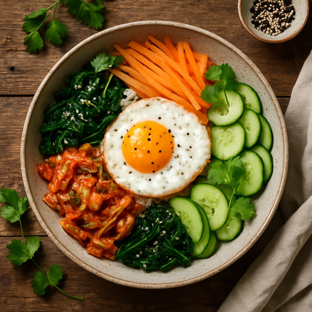 Koreansk bibimbap-bowl med kimchi og spejlæg